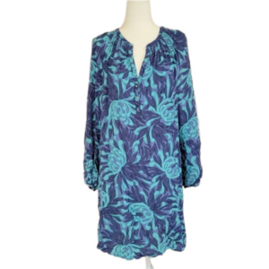 Banana Republic Blue Floral Long Sleeve Split V-Neck Pull-Over Dress Size 12 EUC
